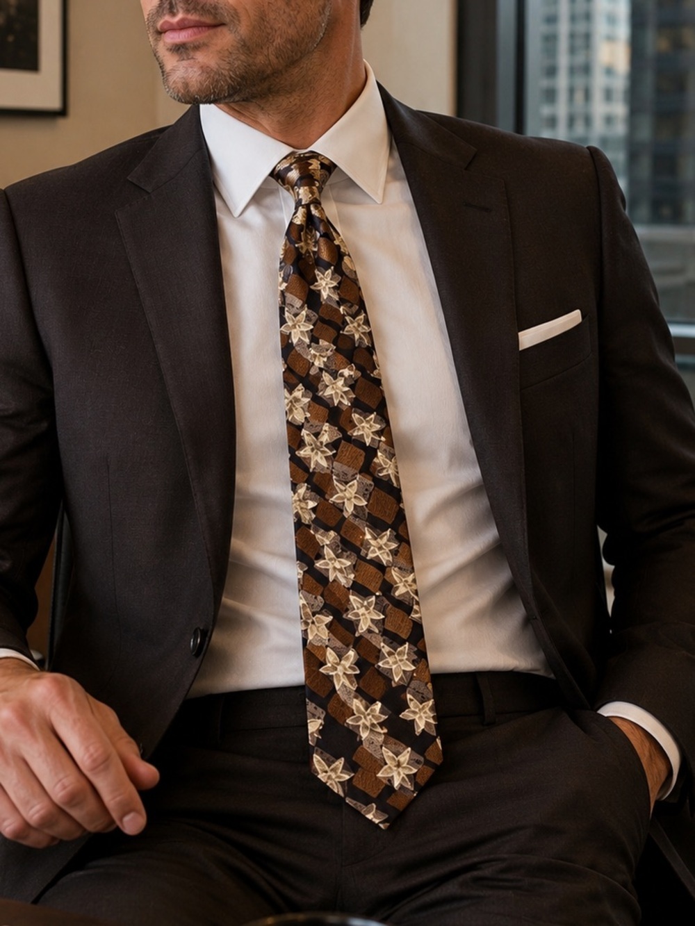 Structure Brown Floral Silk Tie | Vintage Style Pattern Mens